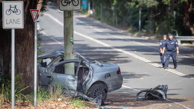 The wrecked car involved in a fatal car crash on Rawson Ave in Sutherland. Picture: Julian Andrews