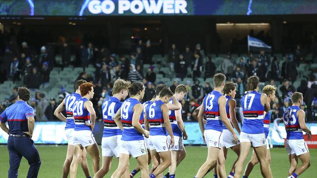 14/06/18 - AFL - Port Adelaide v Western Bulldogs at The Adelaide Oval. The Western Bulldogs leave the oval after the loss.  Picture SARAH REED