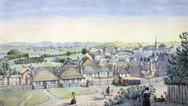 View of houses and chimneys of Essex St in The Rocks from Flagstaff Hill in 1844.