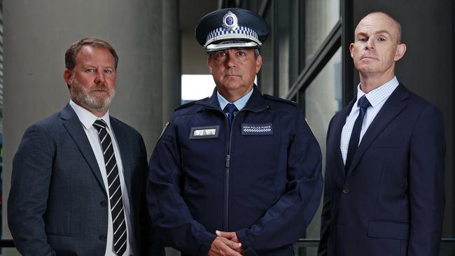 Raptor North’s Detective Inspector Peter Walke, Raptor Commander Detective Superintendent Andrew Koutsoufis and Raptor South’s Detective Inspector Brad Abdy. Picture: Tim Hunter