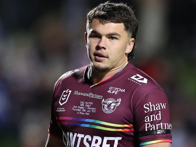 SYDNEY, AUSTRALIA - JULY 28:  Zac Fulton of the Sea Eagles warms up before the round 20 NRL match between the Manly Sea Eagles and the Sydney Roosters at 4 Pines Park on July 28, 2022, in Sydney, Australia. (Photo by Cameron Spencer/Getty Images)