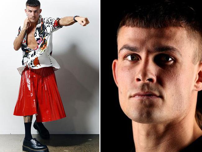 Face of Harry: Garside is fashion-forward, whether it's modelling for fashion retailer The Iconic, left, or sporting his painted nails at photo calls, right. Pictures: News Corp/Supplied