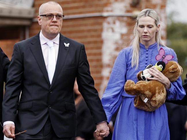 Charlotte’s parents Mat and Kelly O’brien at their daughter’s funeral. Picture: Sam Ruttyn