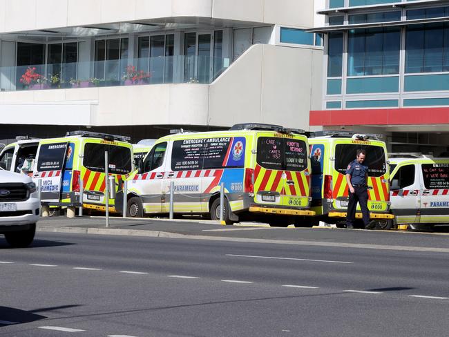 Ambulances ramped at Geelong Hospital. Picture: Alison Wynd