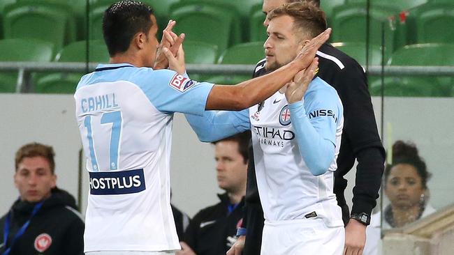 On target: Tim Cahill and Nicolas Colazo, pictured during the midweek FFA Cup tie with Western Sydney Wanderers, both scored in Melbourne City’s 2-0 win over Auckland City. Picture: George Salpigtidis
