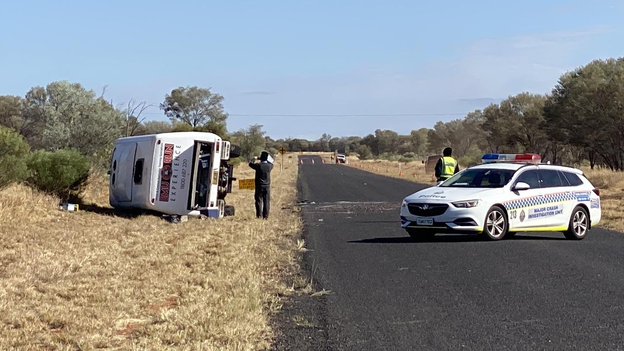 The scene of a tour bus crash near Hermannsburg in Central Australia. Picture: Daniel Sumpton