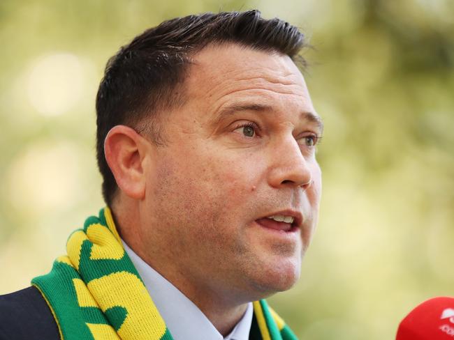 SYDNEY, AUSTRALIA - OCTOBER 20: FFA CEO James Johnson speaks during a Matildas media opportunity at The Domain on October 20, 2021 in Sydney, Australia. (Photo by Matt King/Getty Images)