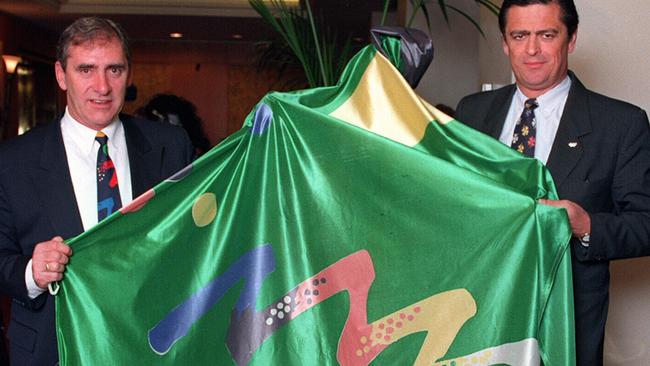 Rod McGeoch and then-NSW Premier John Fahey with Olympic Games Sydney 2000 flag in 1994.