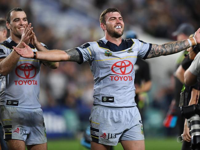 Cowboys players celebrate reaching the Grand Final at the Sydney Roosters’ expense.