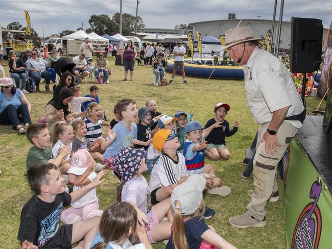 Kids enjoying the Dinkum Dinosaurs show at the Swan Hill Show 2024. Picture: Noel Fisher.