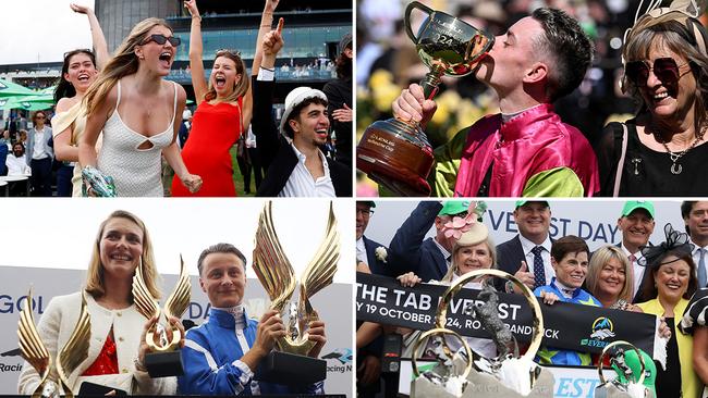 Punters (top left) celebrate a win in The Big Dance at Randwick; Prizemoney levels have gone to new levels in Australia thanks to races like (clockwise from top right) the Melbourne Cup, The Everest and The Golden Eagle.