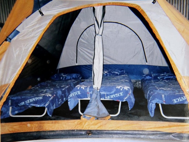 Sleep: The children slept on crude thin mattresses — three to a tent. The tents were erected inside a large garden shed on the farm. Authorities say the conditions were “outrageous” when they swooped.