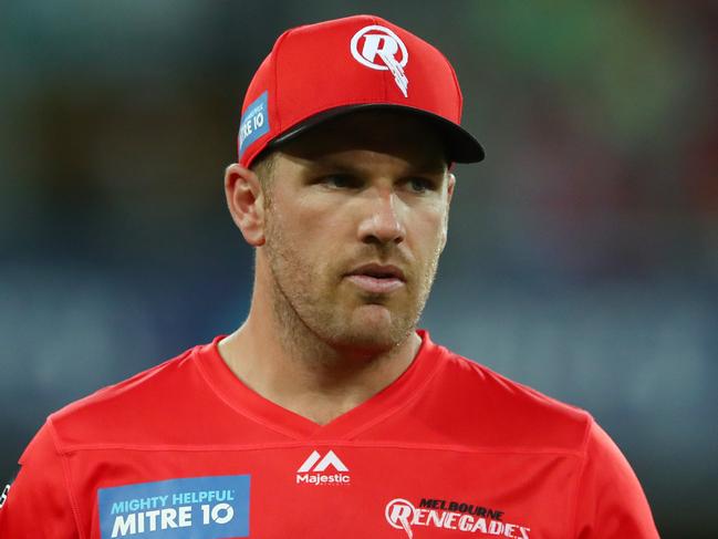 GOLD COAST, AUSTRALIA - JANUARY 01: Aaron Finch of the Renegades looks on during the Big Bash League match between the Melbourne Renegades and the Sydney Thunder at Metricon Stadium, on January 01, 2021, in Gold Coast, Australia. (Photo by Chris Hyde/Getty Images)