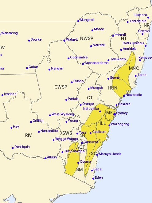 A severe weather warning covers multiple regions of NSW. Picture: BOM