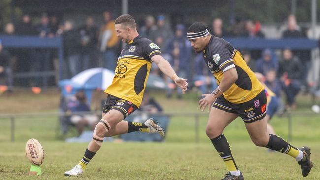 Hayden Lipp kicks for Gatton in a TRL A-grade match against Highfields. Picture: Nev Madsen.