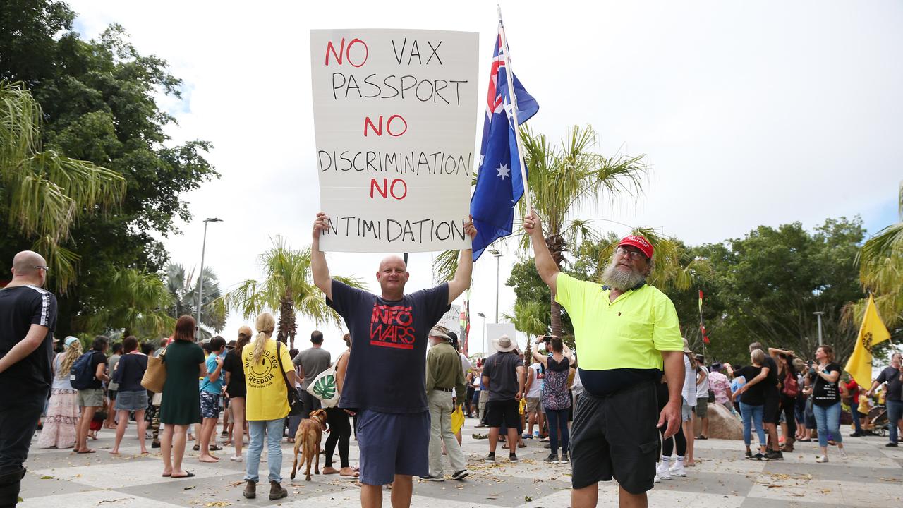 A Freedom Rally was held on the Esplanade north of Muddy's on Saturday, before around 700 supporters marched down the Esplanade and past the children's playground, down to the lagoon and back. Bill Schutz and Peter Campion attended the rally and march together. PICTURE: Brendan Radke