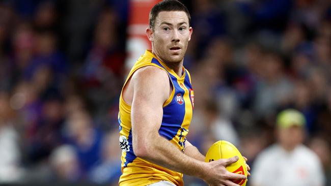 Jeremy McGovern in action during the Round 23 match between Western Bulldogs and West Coast Eagles. Photo by Michael Willson/AFL Photos.