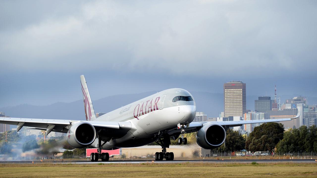 First Qatar Airways flight landing at Adelaide Airport in 2016. Picture Campbell Brodie.