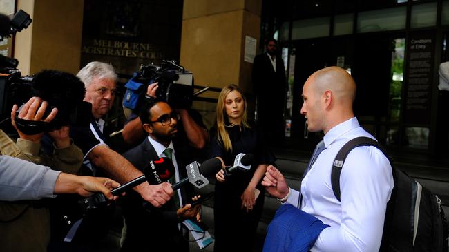 Thomas Sewell, who will not go to jail for a vicious assault on a Nine Network security guard, speaks to the media outside the Melbourne Magistrates Court on Thursday. Picture: NCA NewsWire / Luis Enrique Ascui