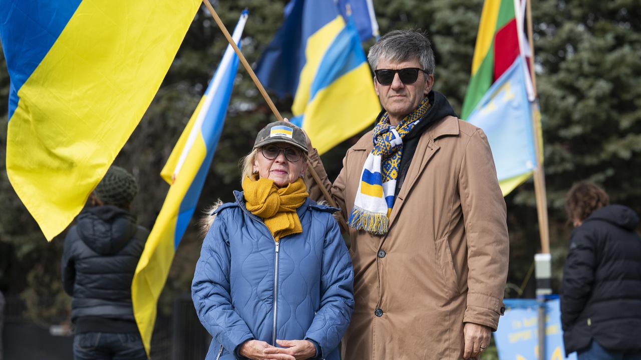 The Friends of Ukraine members braved Canberra’s chilly weather on Saturday morning. Picture: NCA NewsWire / Martin Ollman