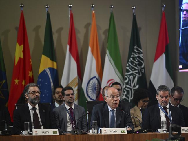 Brazil's Foreign Minister Mauro Vieira speaks during the BRICS foreign ministers' meeting at Itamaraty Palace in Rio de Janeiro, Monday, April 28, 2025. (Mauro Pimentel/PoolÃÂ viaÃÂ AP)
