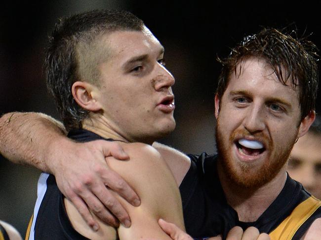 AFL Round 18 - West Coast Eagles v Richmond Tigers, Patersons Stadium, Perth. Photo by Daniel Wilkins. PICTURED- Richmond's Dustin Martin celebrates a goal at the end of the second term.