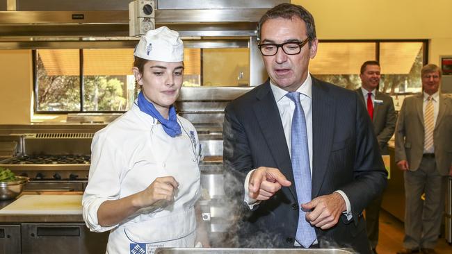 Steven Marshall, when he was in Opposition, at the TAFE cooking school in Regency Park in February 2018, announcing plans to move the school to Lot Fourteen. Picture: Mike Burton/AAP