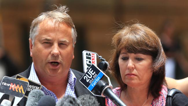 Ralph and Kathy Kelly, the parents of one-punch victim Thomas Kelly, hold a media conference in response to the NSW Government’s announcements on measures to curb alcohol-fuelled violence. The Kellys had been campaigning for tougher sentencing laws. Picture: Mark Evans