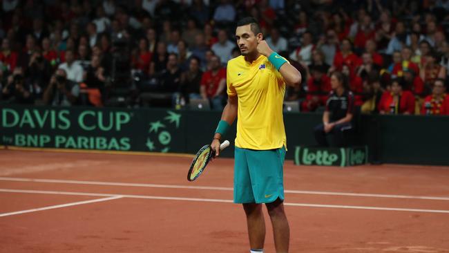 Nick Kyrgios celebrates at match point after his five set win against Steve Darcis.