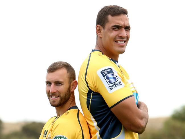 ****** DONT USE without permission of Daily Tele sports editor Adam Mobbs ***** Brumbies halfback Nic White with New Brumbies lock Rory Arnold, tallest player in Super Rugby at 208cm. At Brumbies Headquarters in Canberra.