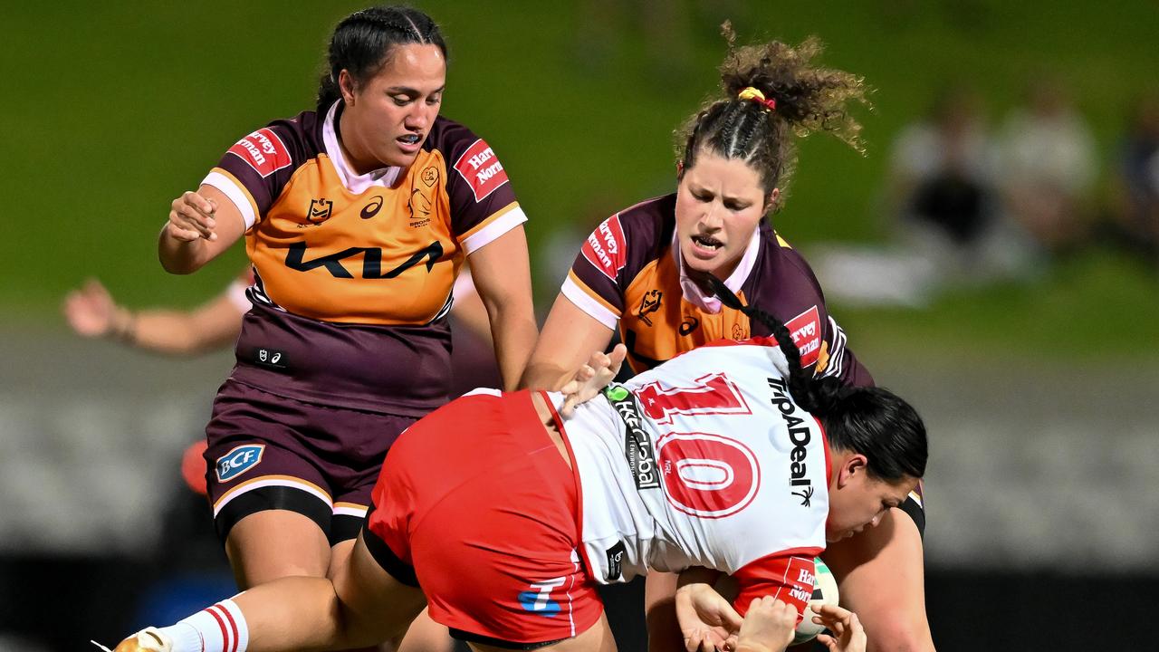 SYDNEY, AUSTRALIA - SEPTEMBER 16: Roxy Murdoch of the Dragons is tackled during the round nine NRLW match between St George Illawarra Dragons and Brisbane Broncos at Netstrata Jubilee Stadium, on September 16, 2023, in Sydney, Australia. (Photo by Izhar Khan/Getty Images)