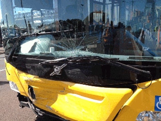 The bus involved in this morning's crash in the Toowoomba CBD.