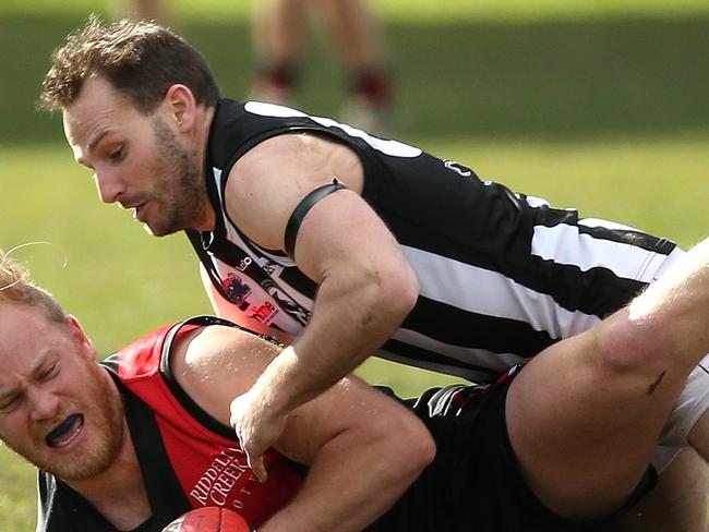 Riddell FL: Riddell v Wallan: Liam Berry of Riddell is tackled by Steven Boyall of Wallan on Saturday, July 31, 2021 in Riddells Creek, AustraliaPhoto: Hamish Blair