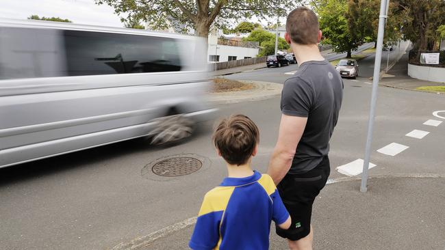 Paul Staley won't let son Archie, 8, cross Hill St in West Hobart without supervision. Picture: MATHEW FARRELL