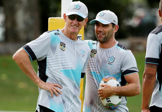 Wayne Bennett and Cameron Smith during a World All Stars training session. Picture: Mark Calleja