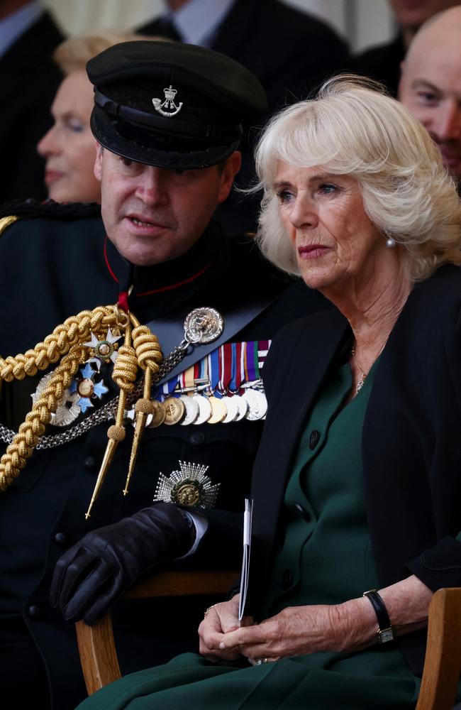 LONDON, ENGLAND – JUNE 9: Camilla, Duchess of Cornwall talks with General Sir Patrick Sanders as she attends the Rifles Sounding Retreat on June 9, 2022 in London, England. (Photo by Henry Nicholls – WPA Pool/ Getty Images)