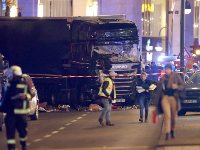 A truck is seen near the Christmas market in Berlin, Germany on December 19, 2016. Several people have died while dozens have been injured as police investigate the attack at a market outside the Kaiser Wilhelm Memorial Church on the Kurfuerstendamm and whether it is linked to a terrorist plot. Picture: Reuters