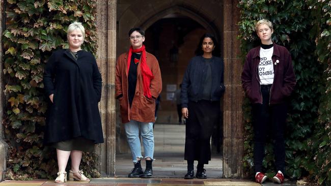 Keep Ramsay Out of USYD organiser Lily Campbell, right, with Imogen Grant, left, Lara Sonnenschein and Hersha Kadkol. Picture: James Croucher