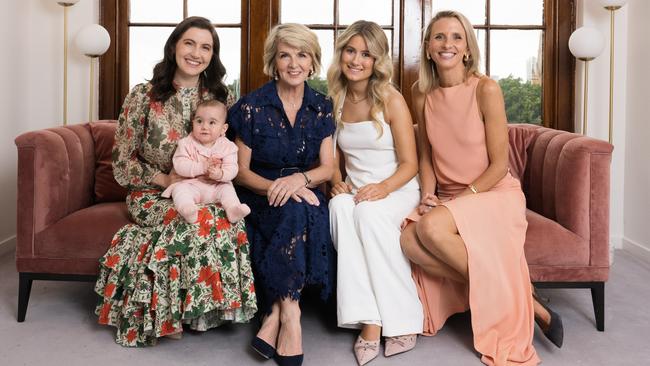 Friend of David Jones, The Hon Julie Bishop, with nieces Isabel Michell with baby Celia, Ella Bishop (white) and Annabel Fribence (peach).