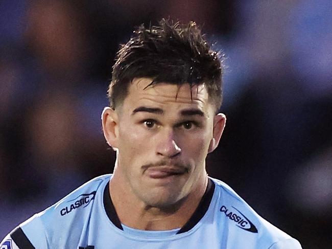 SYDNEY, AUSTRALIA - MAY 05:  Daniel Atkinson of the Sharks runs with the ball during the round nine NRL match between Cronulla Sharks and St George Illawarra Dragons at PointsBet Stadium, on May 05, 2024, in Sydney, Australia. (Photo by Matt King/Getty Images)