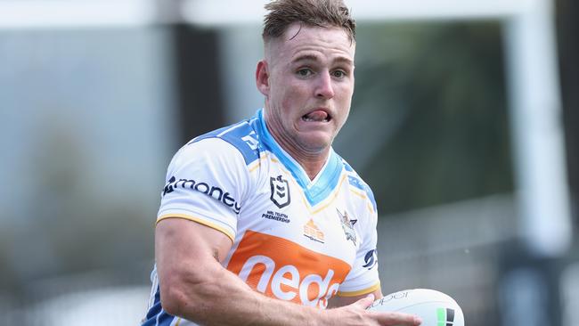 GOSFORD, AUSTRALIA - MARCH 13: AJ Brimson of the Gold Coast Titans runs the ball during the round one NRL match between the New Zealand Warriors and the Gold Coast Titans at Central Coast Stadium, on March 13, 2021, in Gosford, Australia. (Photo by Ashley Feder/Getty Images)