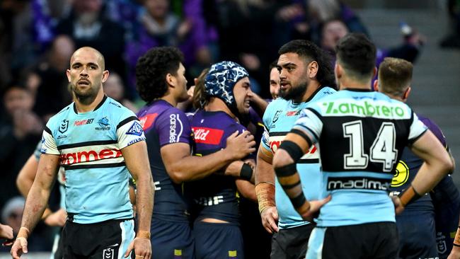 MELBOURNE, AUSTRALIA - SEPTEMBER 14:  William Kennedy of the Sharks looks on after a Storm try during the NRL Qualifying Final match between Melbourne Storm and Cronulla Sharks at AAMI Park on September 14, 2024 in Melbourne, Australia. (Photo by Quinn Rooney/Getty Images)