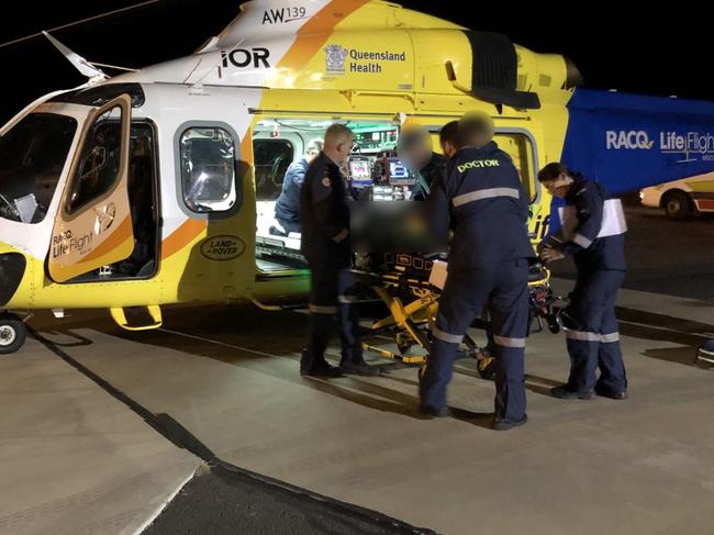 The female driver of the car has been flown to the Princess Alexandra Hospital in Brisbane with critical injuries. Picture: RACQ LifeFlight