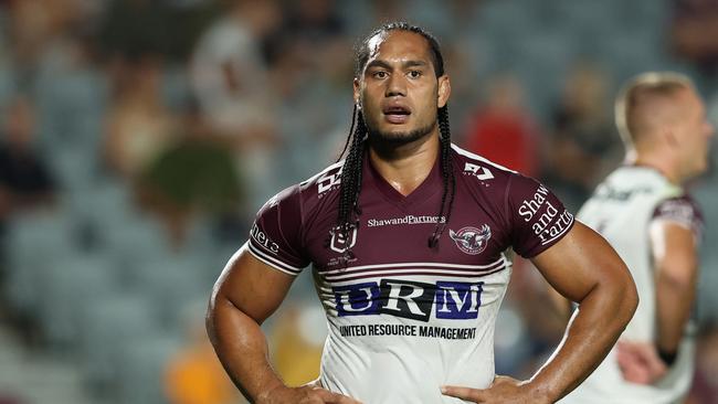 Manly enforcer Martin Taupau will be chasing his first finals win when he plays his 200th NRL game on Friday. Picture: Ashley Feder/Getty Images