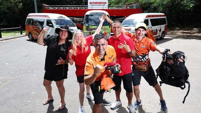 Cairns Canyoning and Cairns Waterfalls have expanded their operations to include Barefoot Tours and the Ultimate Party Bus, under the banner Experience True Adventure. Barefoot Tours guide Patty Guy, Ultimate Party Bus tour guide Paige Luff, Experience True Adventure co owner Bazz Goes, marketing manager Grant Goes and Cairns Canyoning senior trainer Marcio Garbuio are ready to give tourists the ultimate Far North Queensland adventure experience. Picture: Brendan Radke