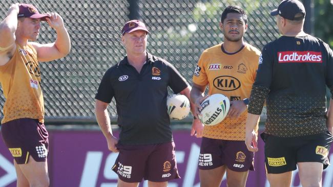 Allan Langer talks to Brodie Croft and Anthony Milford during a Broncos training session. Picture: Peter Wallis