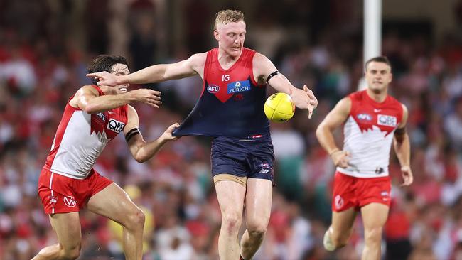 Clayton Oliver gets one of his 30-disposals against Sydney. Picture: Matt King/AFL Photos/Getty Images