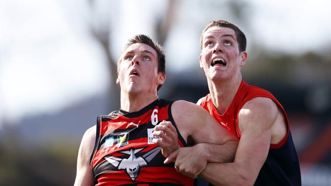 Lauderdale's Haydn Smith (left) moved back to outright second in the Lynch medal count after receiving two votes against the Tigers. Picture: Zak Simmonds