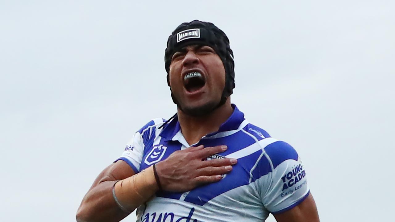 SYDNEY, AUSTRALIA - AUGUST 04: Stephen Crichton of the Bulldogs celebrates scoring a try during the round 22 NRL match between Canterbury Bulldogs and Canberra Raiders at Belmore Sports Ground, on August 04, 2024, in Sydney, Australia. (Photo by Jeremy Ng/Getty Images)