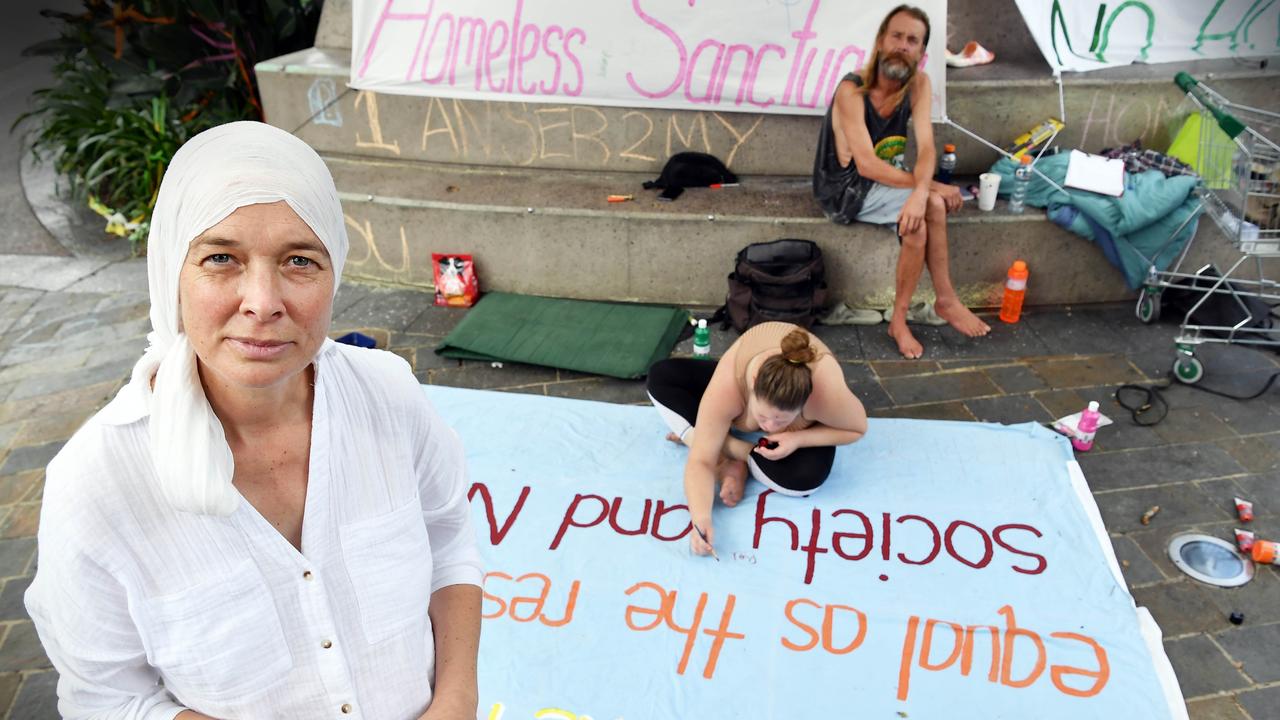 A group of homeless people has brought pleas for a safe place to sleep to the Nambour town square ahead of the Sunshine Coast council election next month. Picture: Patrick Woods.